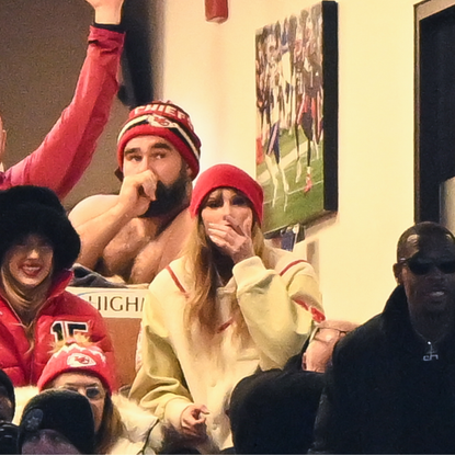 Brittany Mahomes, Jason Kelce, and Taylor Swift react during the second half of the AFC Divisional Playoff game between the Kansas City Chiefs and the Buffalo Bills