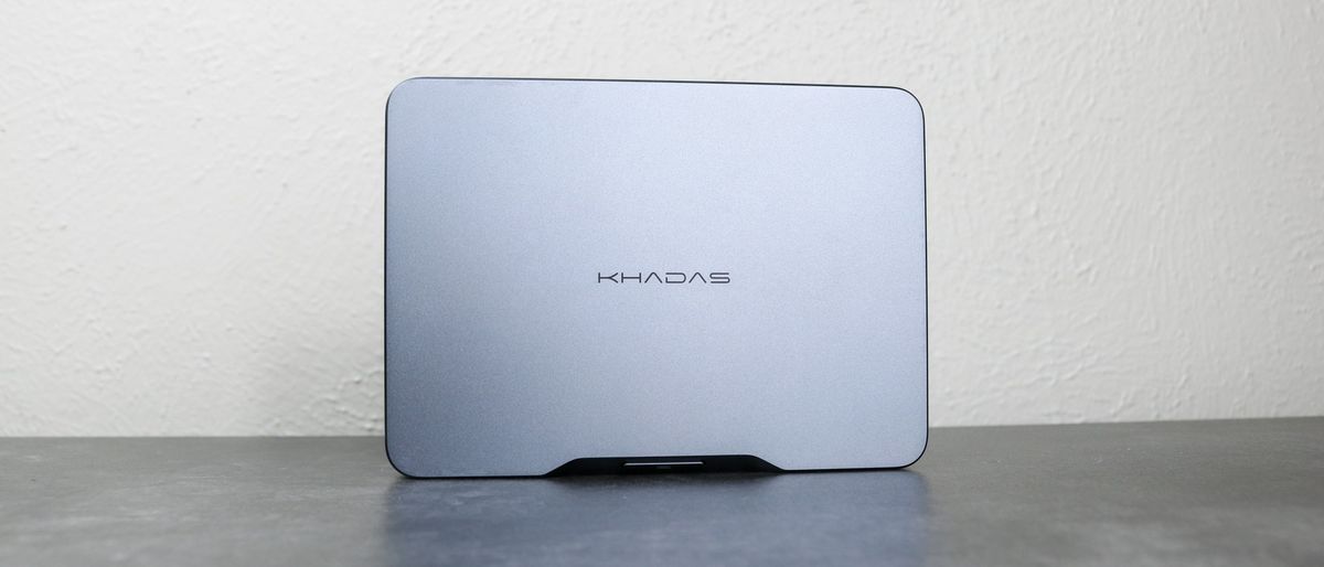 The Khadas Mind mini PC upright on a desk