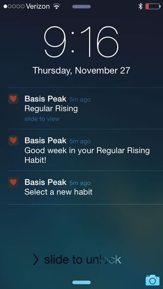 The Basis Peak app sends push notifications to your phone when you complete a daily goal.