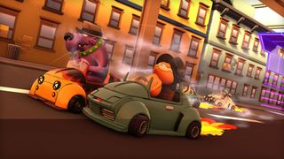 Garfield smiles contently while passing a big dog in a race in a screenshot from Garfield Kart 2 - All You Can Drift