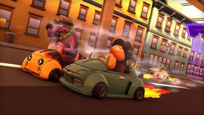 Garfield smiles contently while passing a big dog in a race in a screenshot from Garfield Kart 2 - All You Can Drift