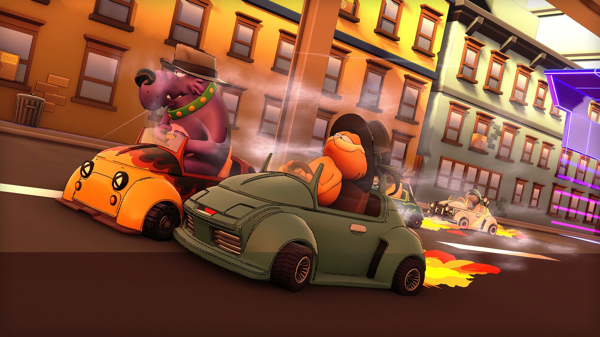 Garfield smiles contently while passing a big dog in a race in a screenshot from Garfield Kart 2 - All You Can Drift