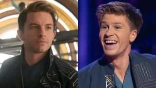 Jonathan Bailey looking at Ariana Grande in Wicked / Robert Irwin listening to the judges on Dancing With the Stars.