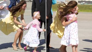 Two photos of Kate Middleton meeting and hugging a young fan, Diamond Marshall, in Canada