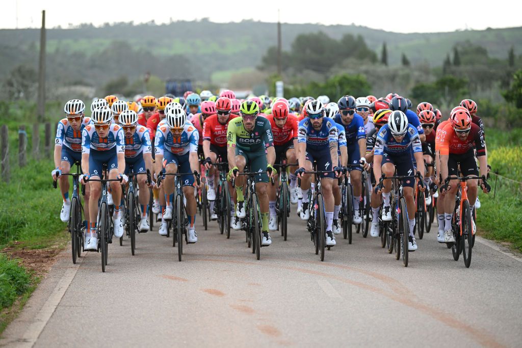 LAGOS PORTUGAL FEBRUARY 14 LR John Degenkolb of Germany and Team dsmfirmenich PostNL Marco Haller of Austria and Team BORA hansgrohe Mattia Cattaneo of Italy Louis Vervaeke of Belgium and Team Soudal Quick Step and Luke Rowe of The United Kingdom and Team INEOS Grenadiers compete during the 50th Volta ao Algarve em Bicicleta 2024 Stage 1 a 2008km stage from Portimao to Lagos on February 14 2024 in Lagos Portugal Photo by Dario BelingheriGetty Images