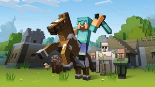 Minecraft horse - Steve rides a horse while villagers and animals watch