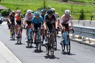 TRE CIME DI LAVAREDO ITALY MAY 26 LR Patrick Konrad of Austria and Team BORA hansgrohe and Nicolas Prodhomme of France and AG2R Citron Team compete in the breakaway during the 106th Giro dItalia 2023 Stage 19 a 183km stage from Longarone to Tre Cime di Lavaredo 2307m UCIWT on May 26 2023 in Tre Cime di Lavaredo Italy Photo by Tim de WaeleGetty Images