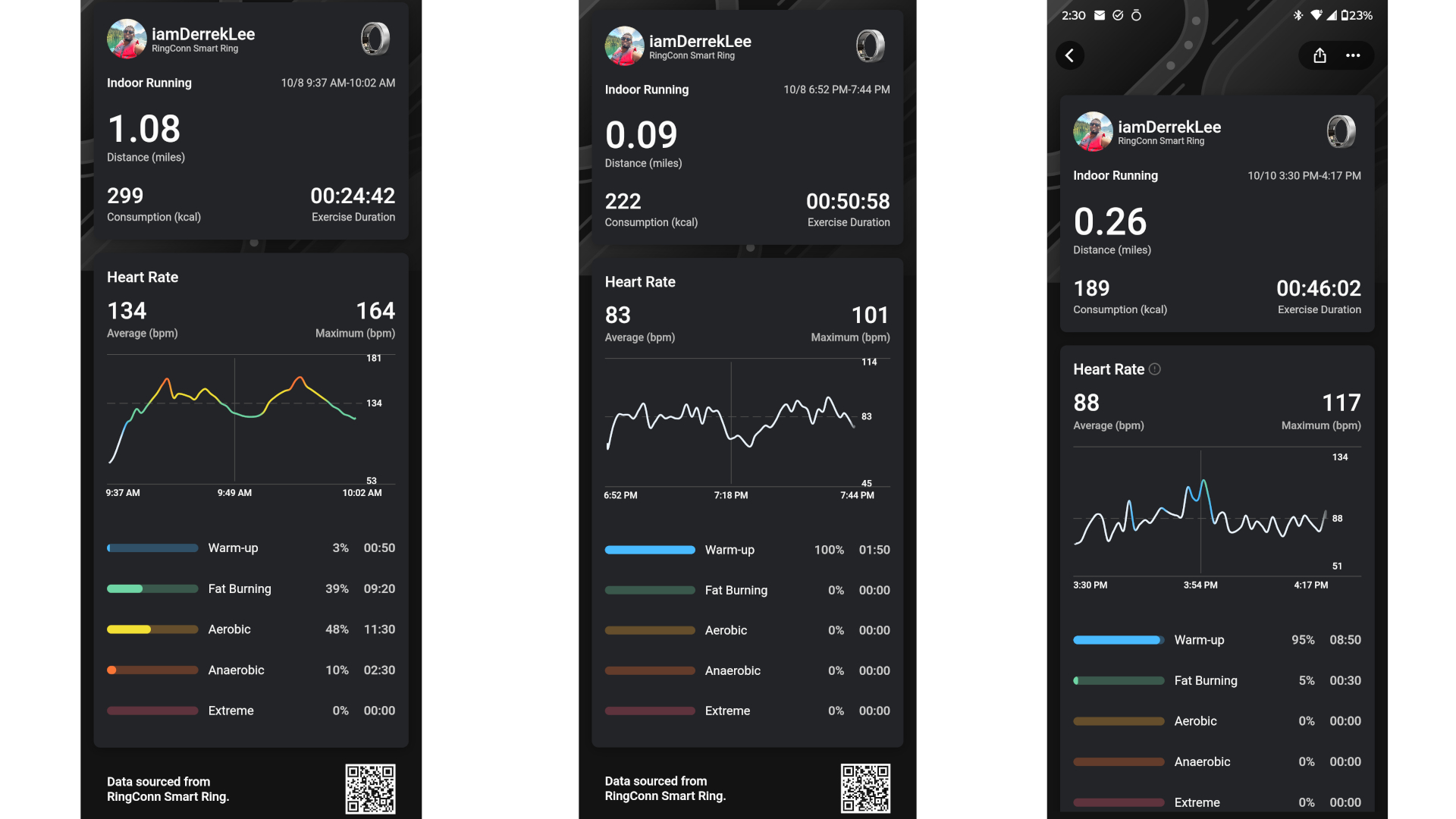 Captures d'écran de l'application RingConn montrant trois entraînements.