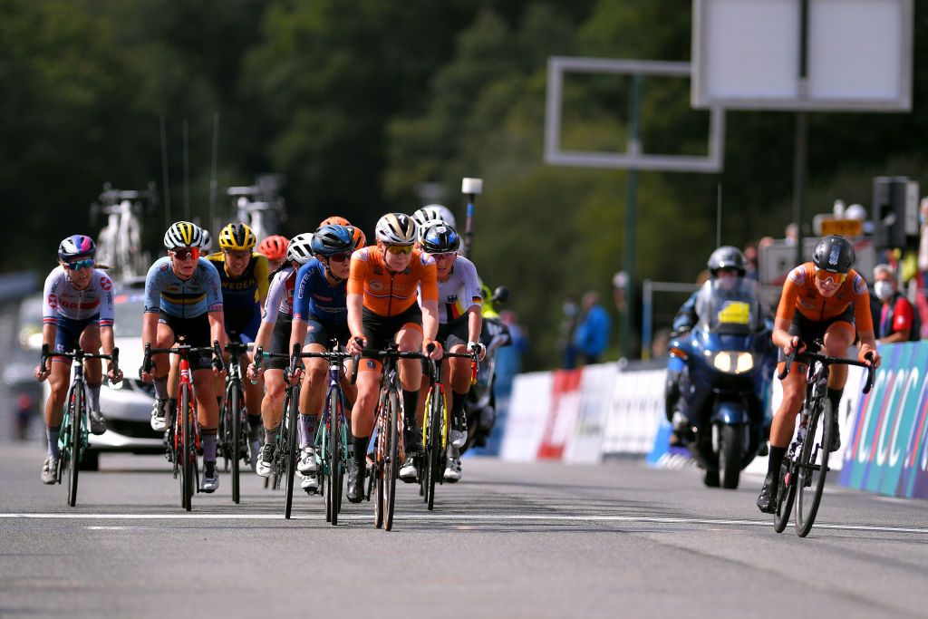 PLOUAY FRANCE AUGUST 27 Lotte Kopecky of Belgium Anna Van Der Breggen of The Netherlands Elena Cecchini of Italy Lisa Brennauer of Germany Demi Vollering of The Netherlands during the 26th UEC Road European Championships 2020 Womens Elite Road Race a 1092km race from Plouay to Plouay GrandPrixPlouay GPPlouay on August 27 2020 in Plouay France Photo by Luc ClaessenGetty Images