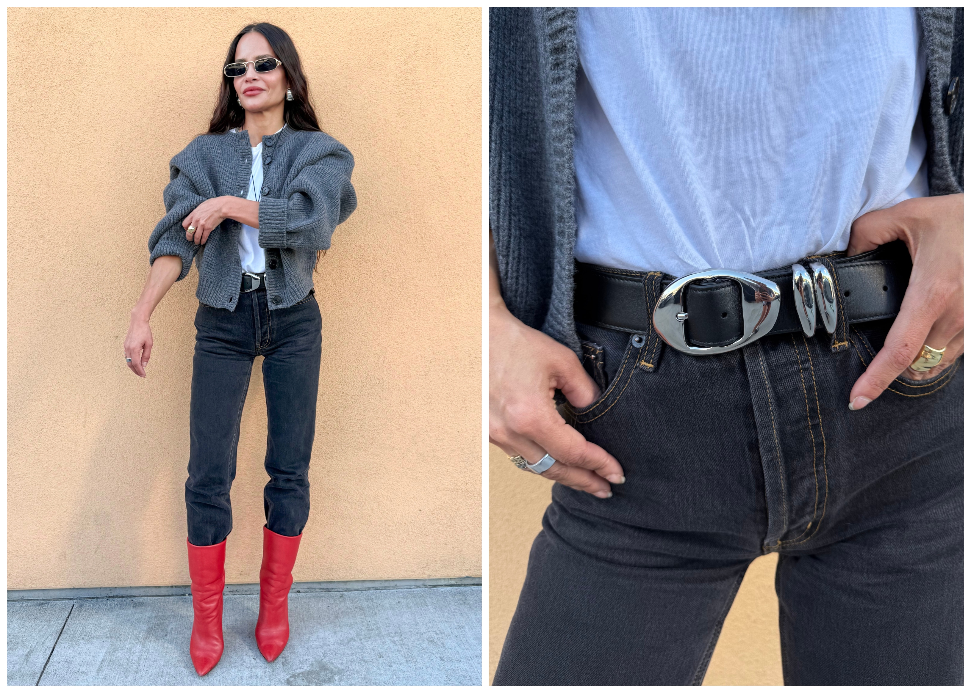 Sophie Lopez wearing a cardigan, a tee, jeans, boots and a belt