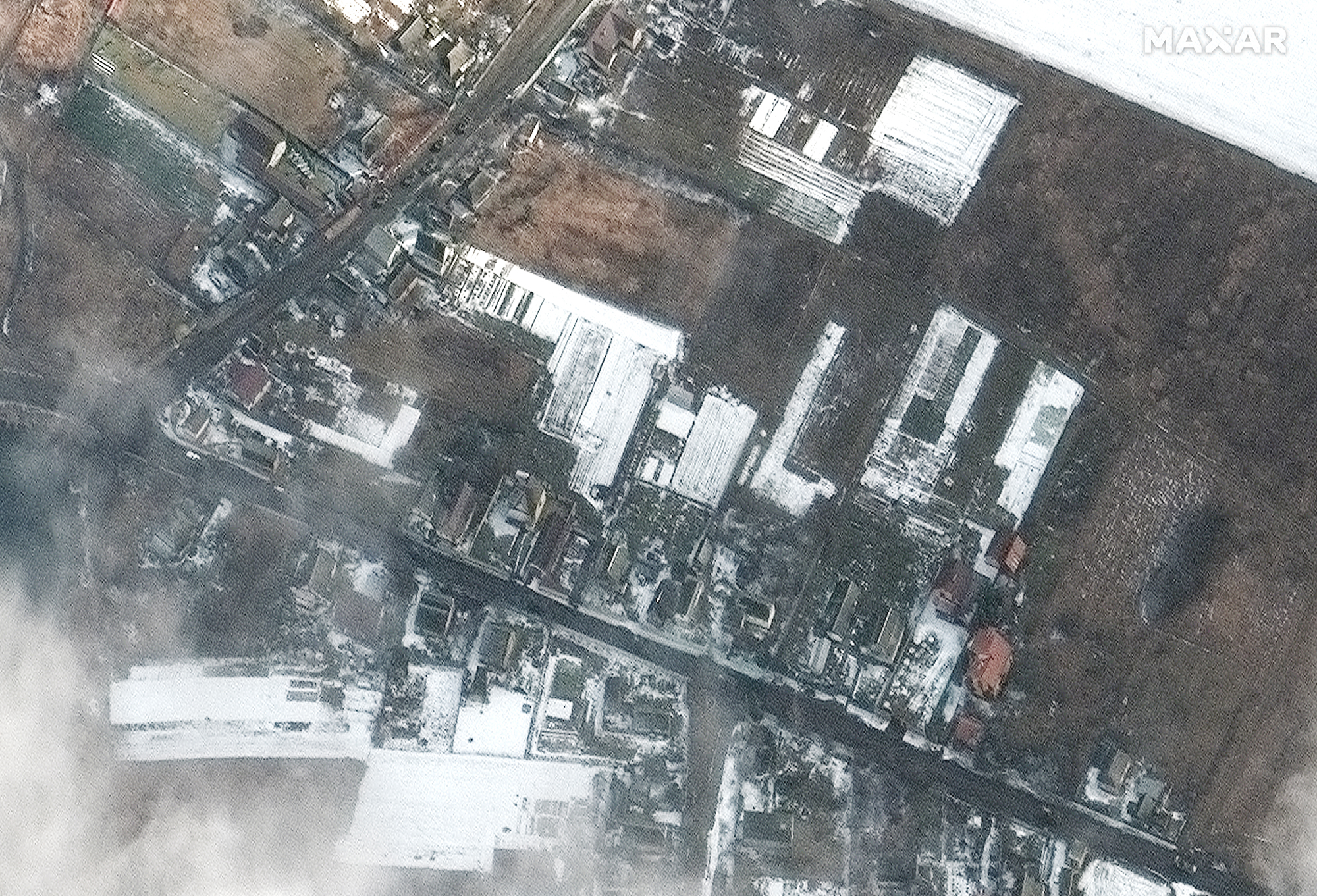 Another view of armored vehicles moving northeast of the Antonov Airport in Hostomel, Ukraine in this view taken on March 8, 2022 by Maxar Technologies' WorldView 3 satellite.