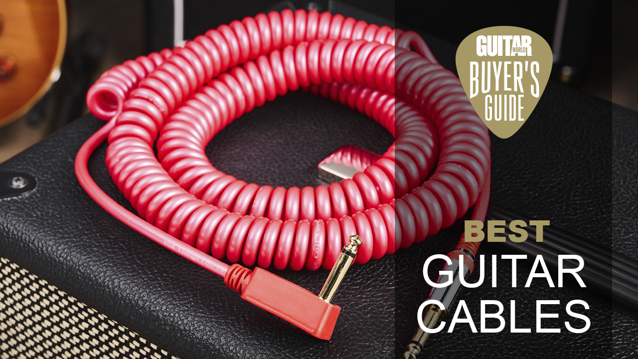A Vox coiled guitar cable on top of a guitar amp