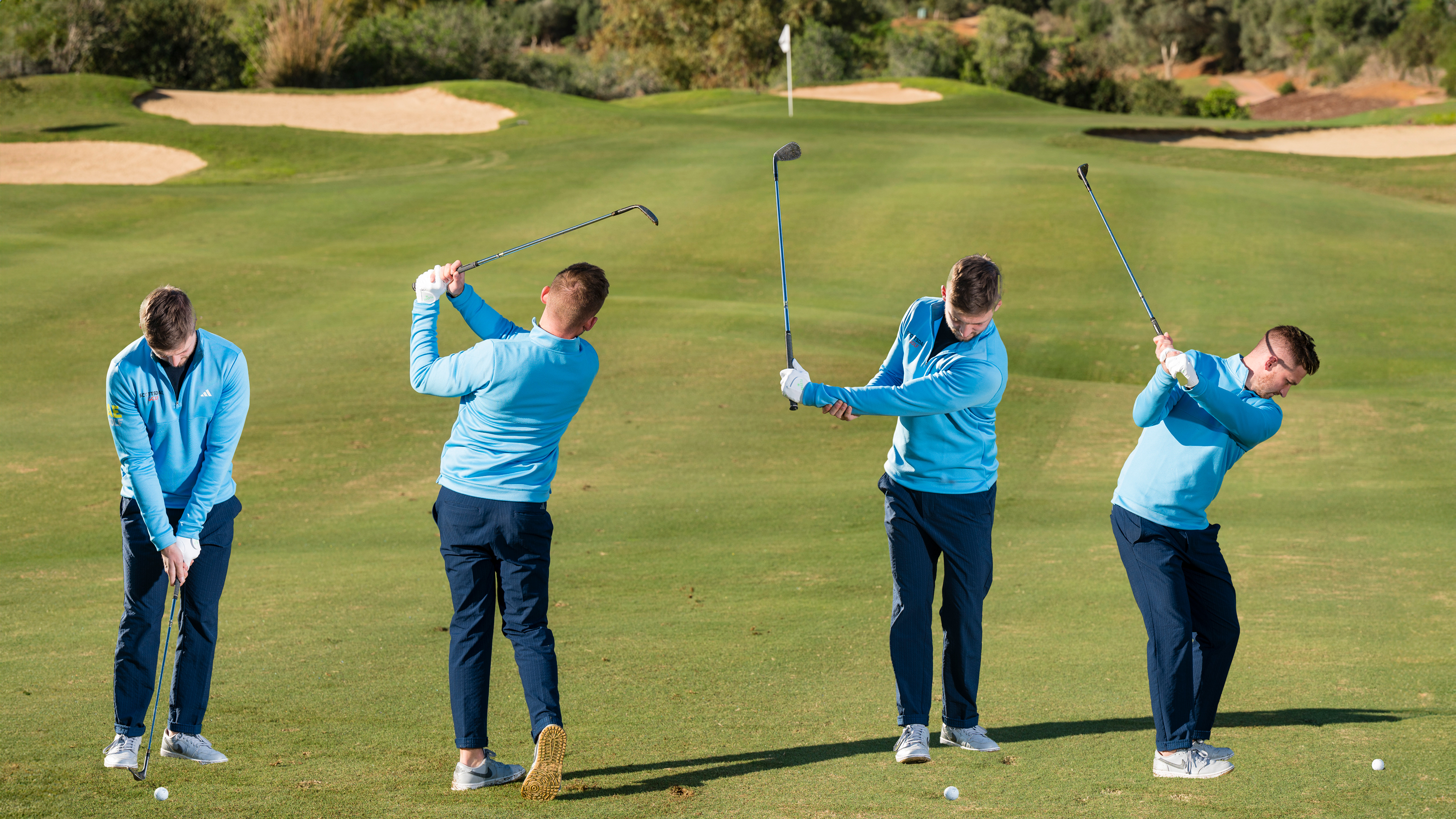 PGA Pro Alex Elliott demonstrating four key positions for how to hit pitch shots in golf, with the setup, backswing and follow through covered including a gravity drill to improve tempo