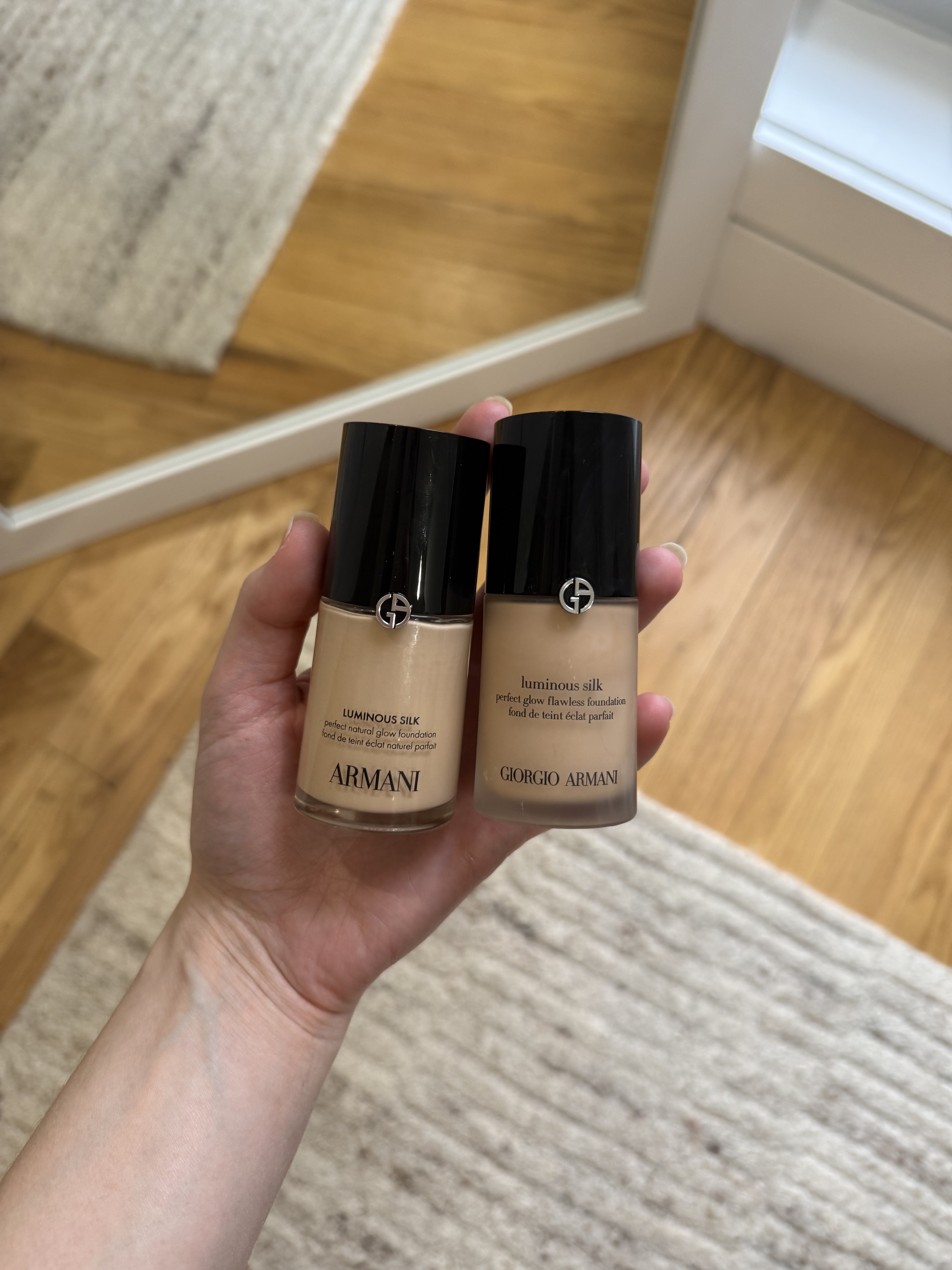 A photo comparing the old and new Armani Luminous Silk Foundations