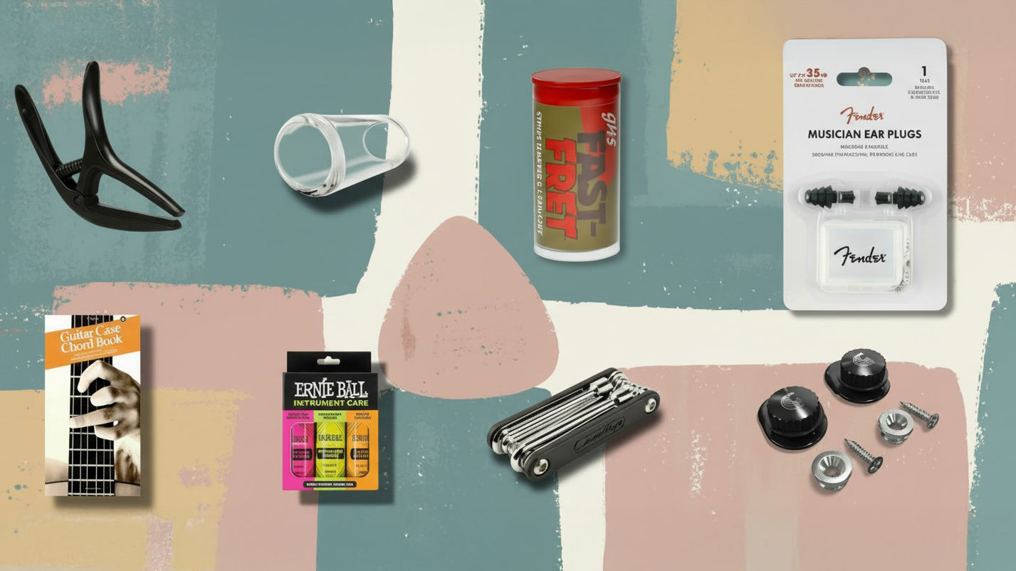 A range of guitar products on a colourful background