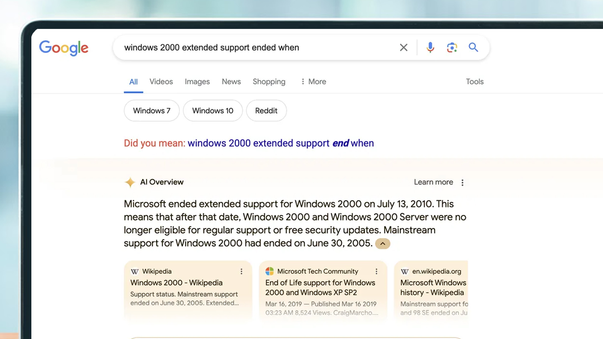A laptop screen showing a Google AI Overview