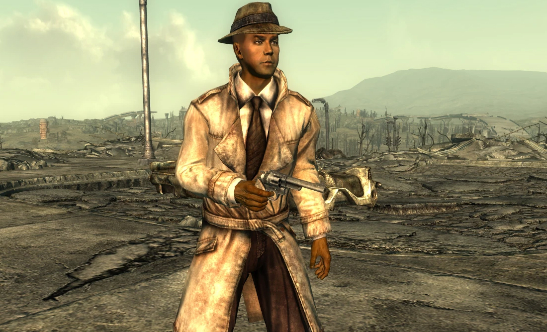 The mysterious stranger from Fallout holding a revolver