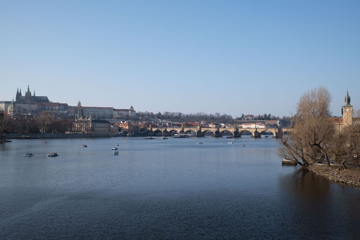 View of the Charles Bridge and river running through Prague Czechia