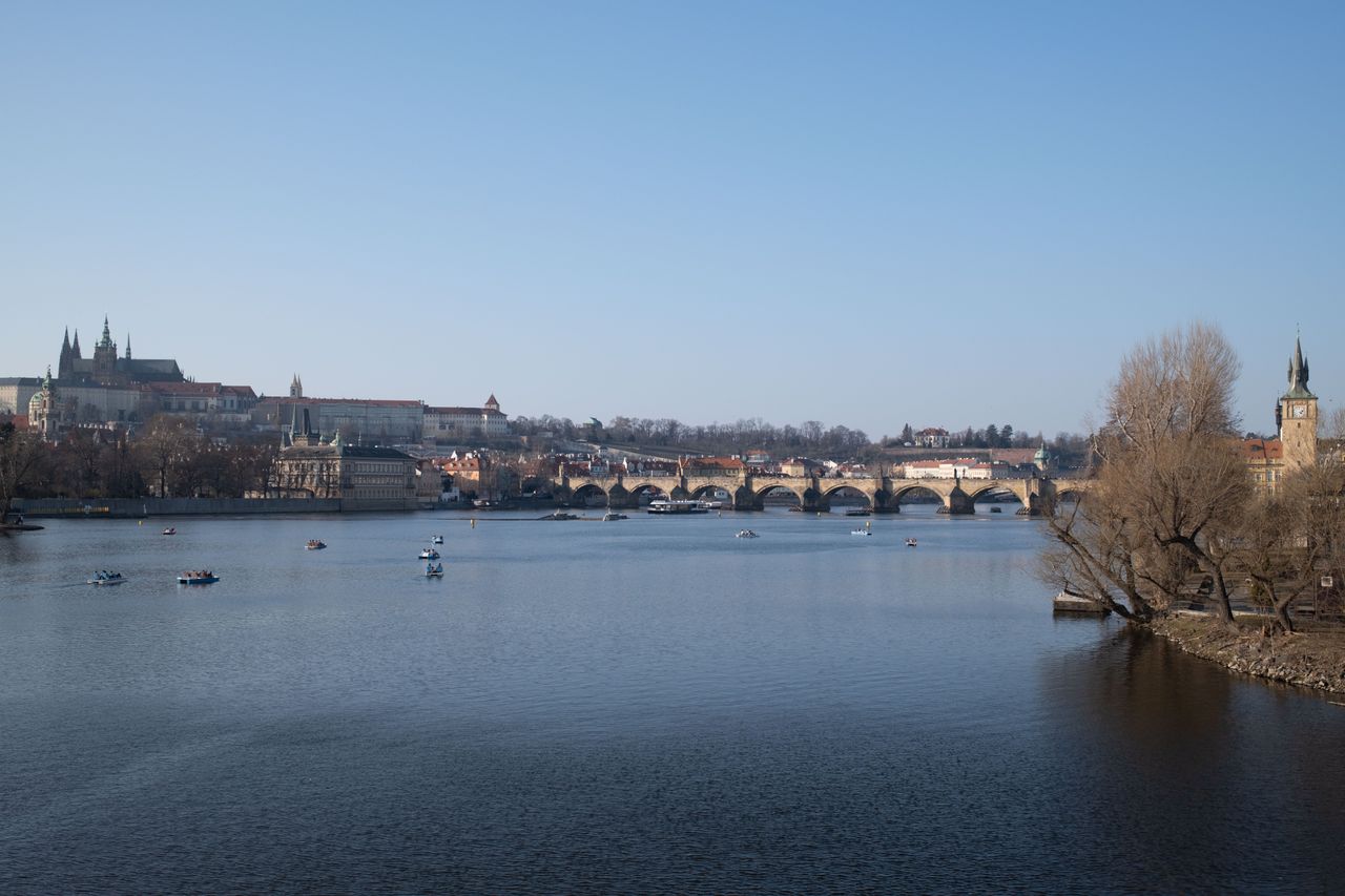 View of the Charles Bridge and river running through Prague Czechia