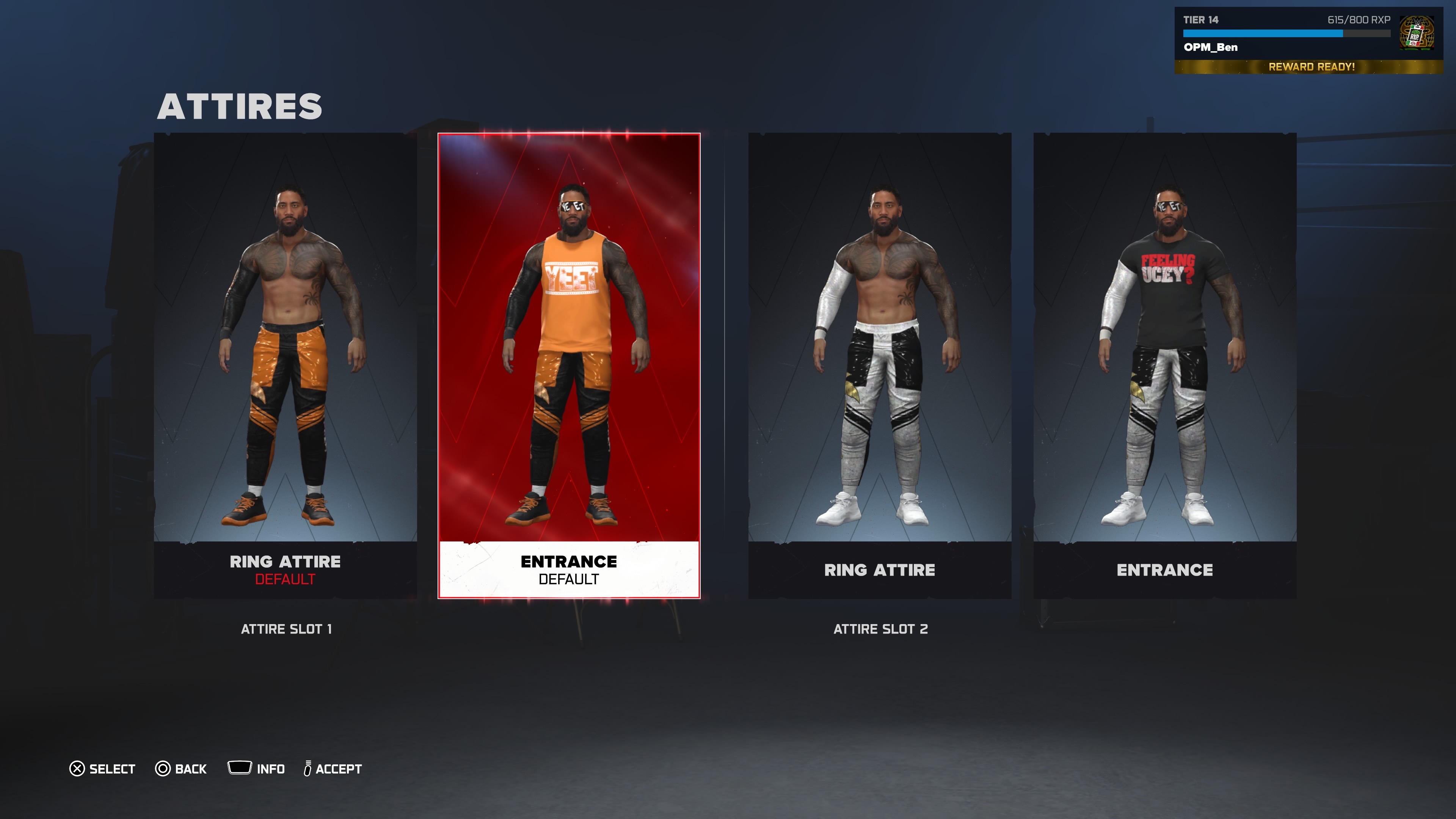 Two home-made WWE 2K26 Jey Uso alt attires