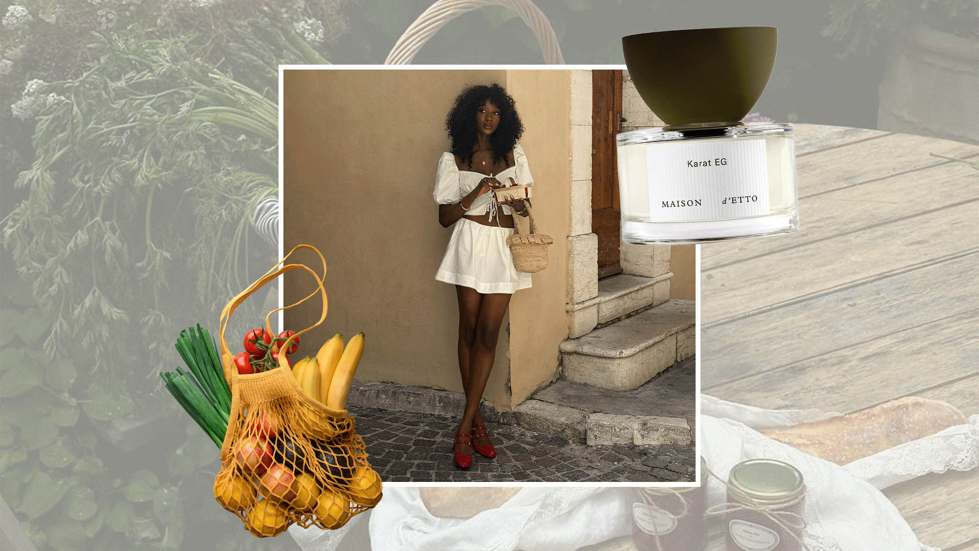 Collage of garden-inspired fragrances, produce in a net shopping bag, and a woman standing against a wall wearing a summer outfit.
