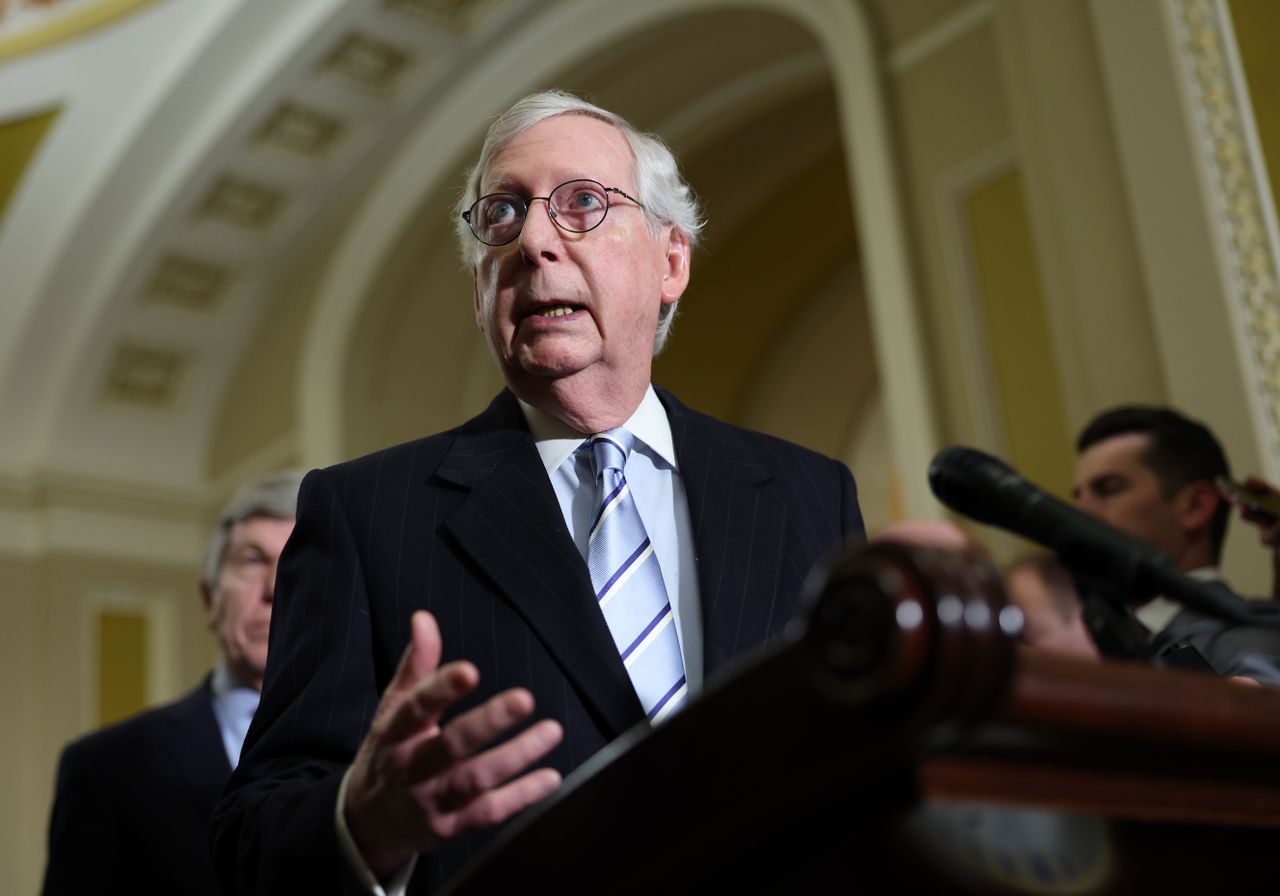 Senate Minority Leader Mitch McConnell speaks to reporters. 