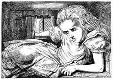 An illustration depicting the symptoms of micropsia, when things appear smaller than they are, from Lewis Carroll's "Alice's Adventures in Wonderland."