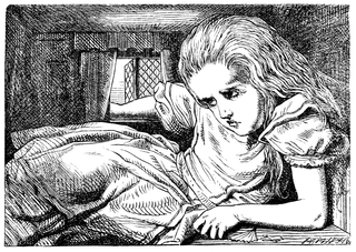 An illustration depicting the symptoms of micropsia, when things appear smaller than they are, from Lewis Carroll's "Alice's Adventures in Wonderland."