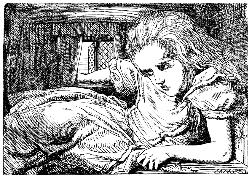 An illustration depicting the symptoms of micropsia, when things appear smaller than they are, from Lewis Carroll&#039;s &quot;Alice&#039;s Adventures in Wonderland.&quot;