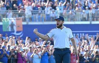 Tyrrell Hatton celebrates at the Ryder Cup