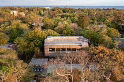 aerial of modernist fire island house