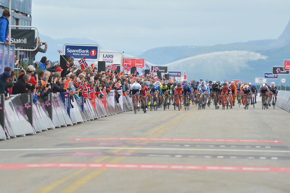 The sprinters bear down on the lane near the end of stage 2 at the Arctic Race of Norway