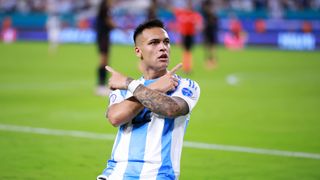  Lautaro Martinez of Argentina celebrates after scoring the team's first goal during a CONMEBOL Copa America 2024 Group A match ahead of the Argentina vs Canada semi-final. 