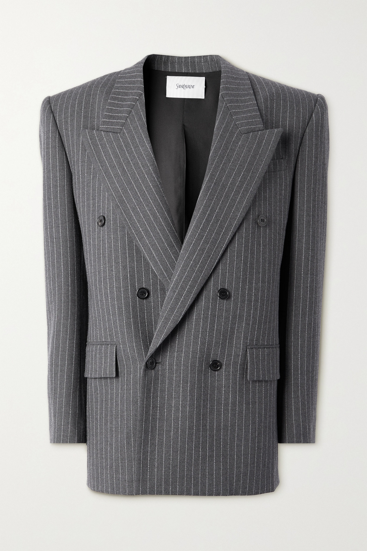 Gray Pinstriped Double-Breasted Wool Blazer