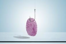 A fingerprint caught by a fish hook, indicating identity theft.