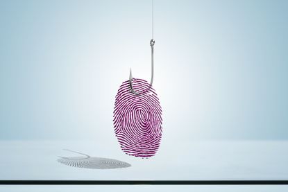 A fingerprint caught by a fish hook, indicating identity theft.