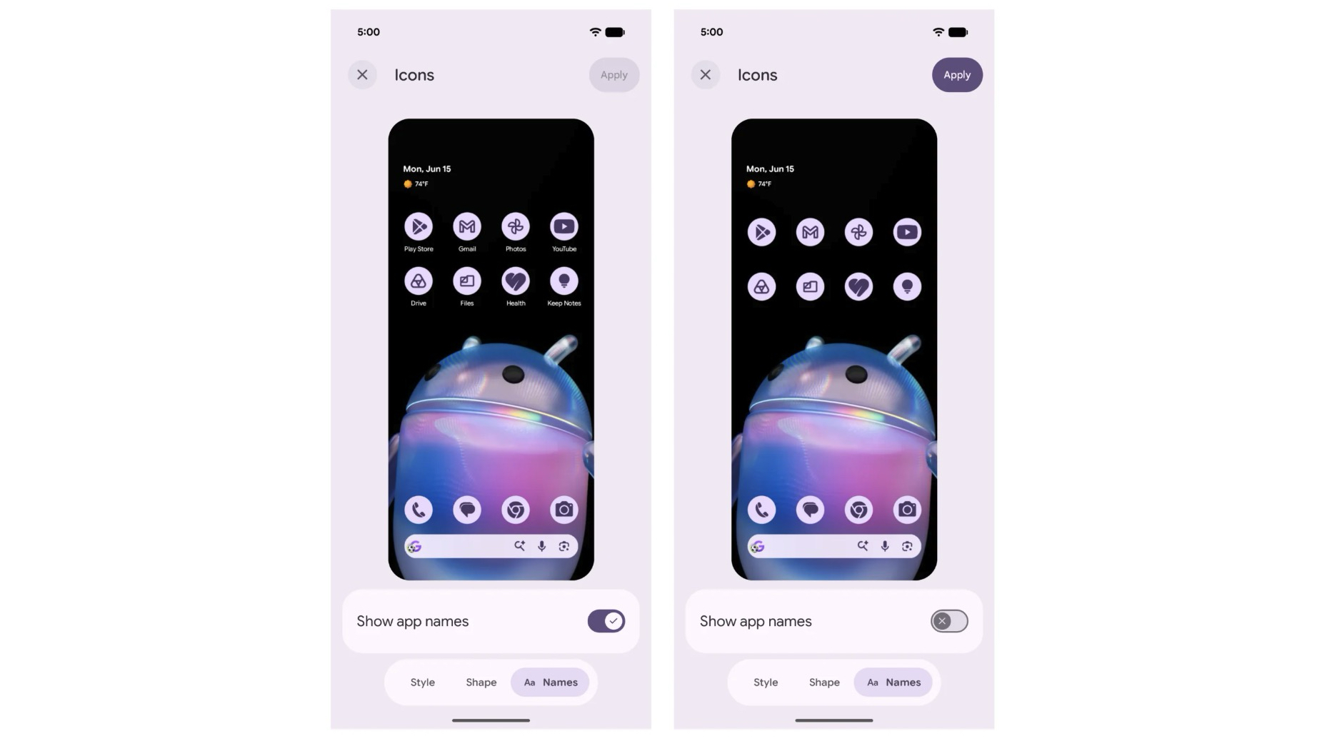 The hide app icons feature in Android 17