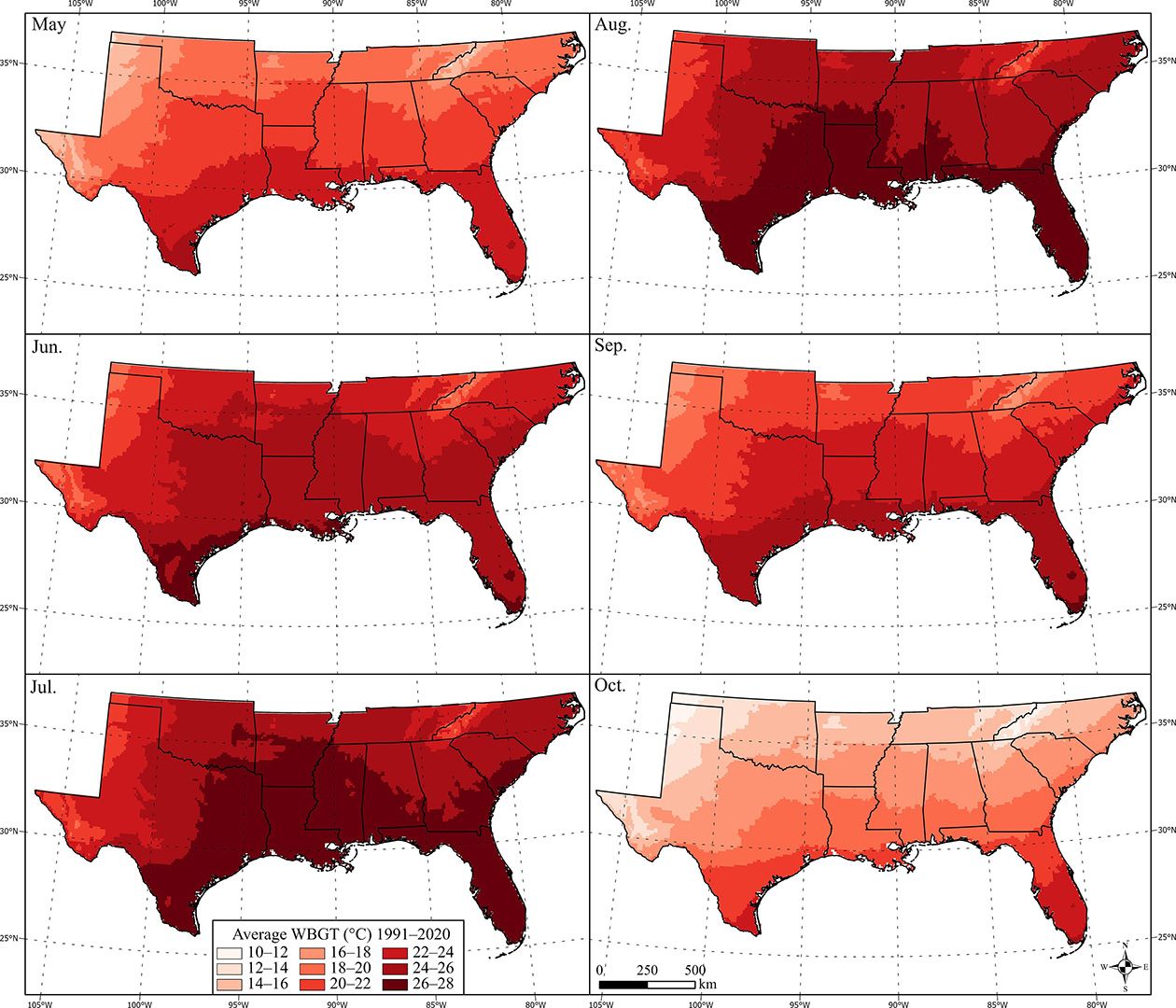 A series of six heat maps of the southern U.S., showing dangerous wet-bulb global temperatures peaking in July and August