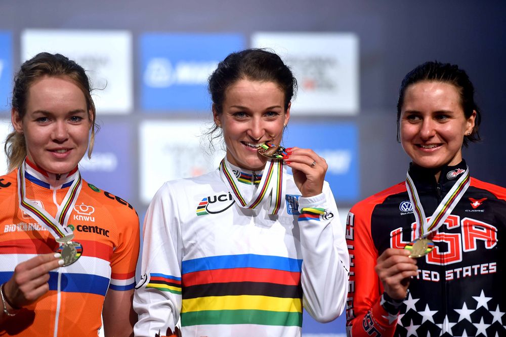 Elizabeth Armitstead (Great Britain) on the podium with Anna Van Der Breggen (Netherlands) and Megan Guarnier (United States Of America)