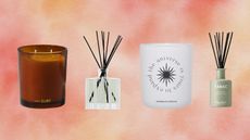 Four of the best home fragrances including candle from Free People, Nest NY reed diffuser, Damselfly candle, and Miller Harris reed diffuser on peach ombre vector background