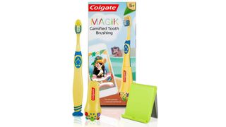 Yellow toothbrush with blue detail as part of our best electric toothbrush for kids