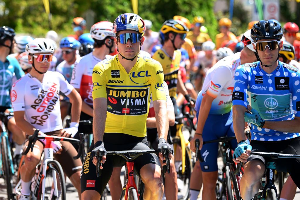 BRIVESCHARENSAC FRANCE JUNE 06 Wout Van Aert of Belgium and Team Jumbo Visma Yellow Leader Jersey prior to the 74th Criterium du Dauphine 2022 Stage 2 a 1698km stage from SaintPray to BrivesCharensac WorldTour Dauphin on June 06 2022 in BrivesCharensac France Photo by Dario BelingheriGetty Images