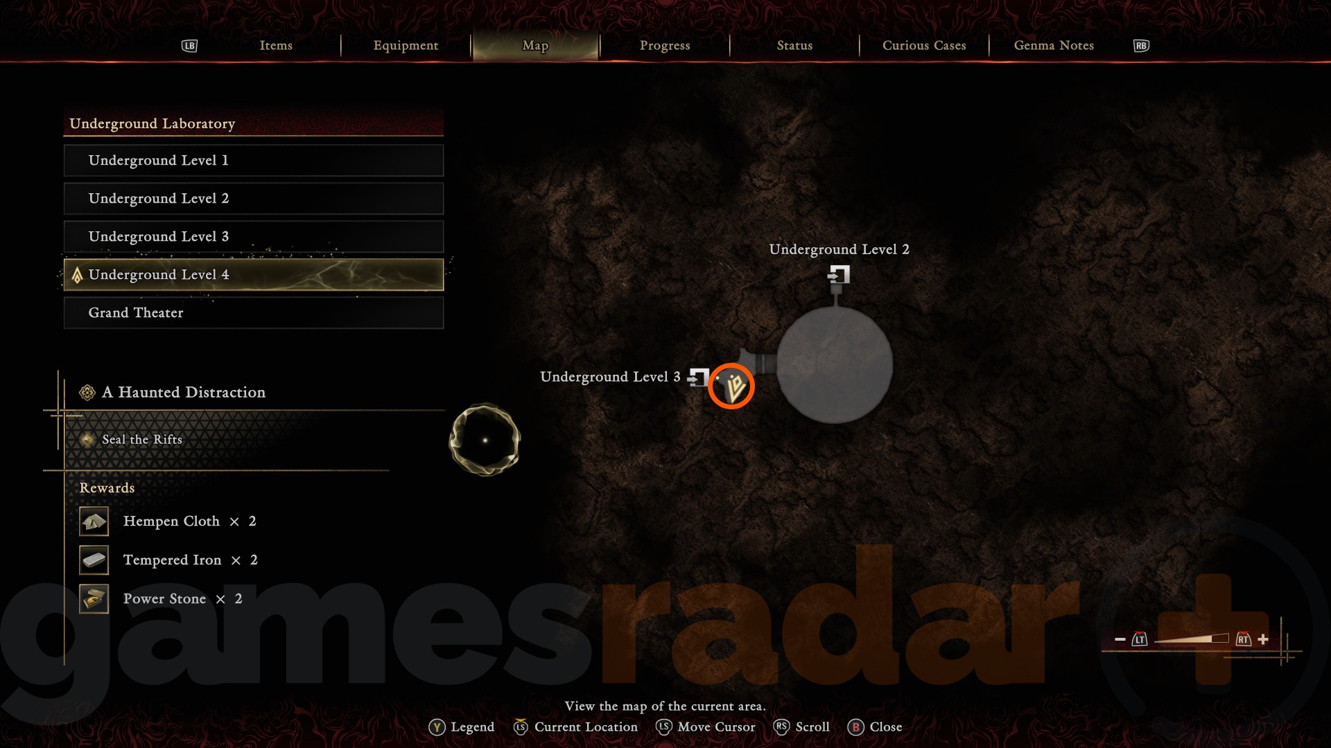 A map marker shows the location of the Earth-Shakers, among the best Onimusha Way of the Sword Oni Armaments.