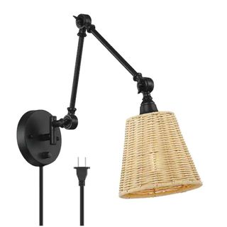 Black Rustic Natural Rattan Plug-In Swing Arm Wall Lamp with Dimmer Switch