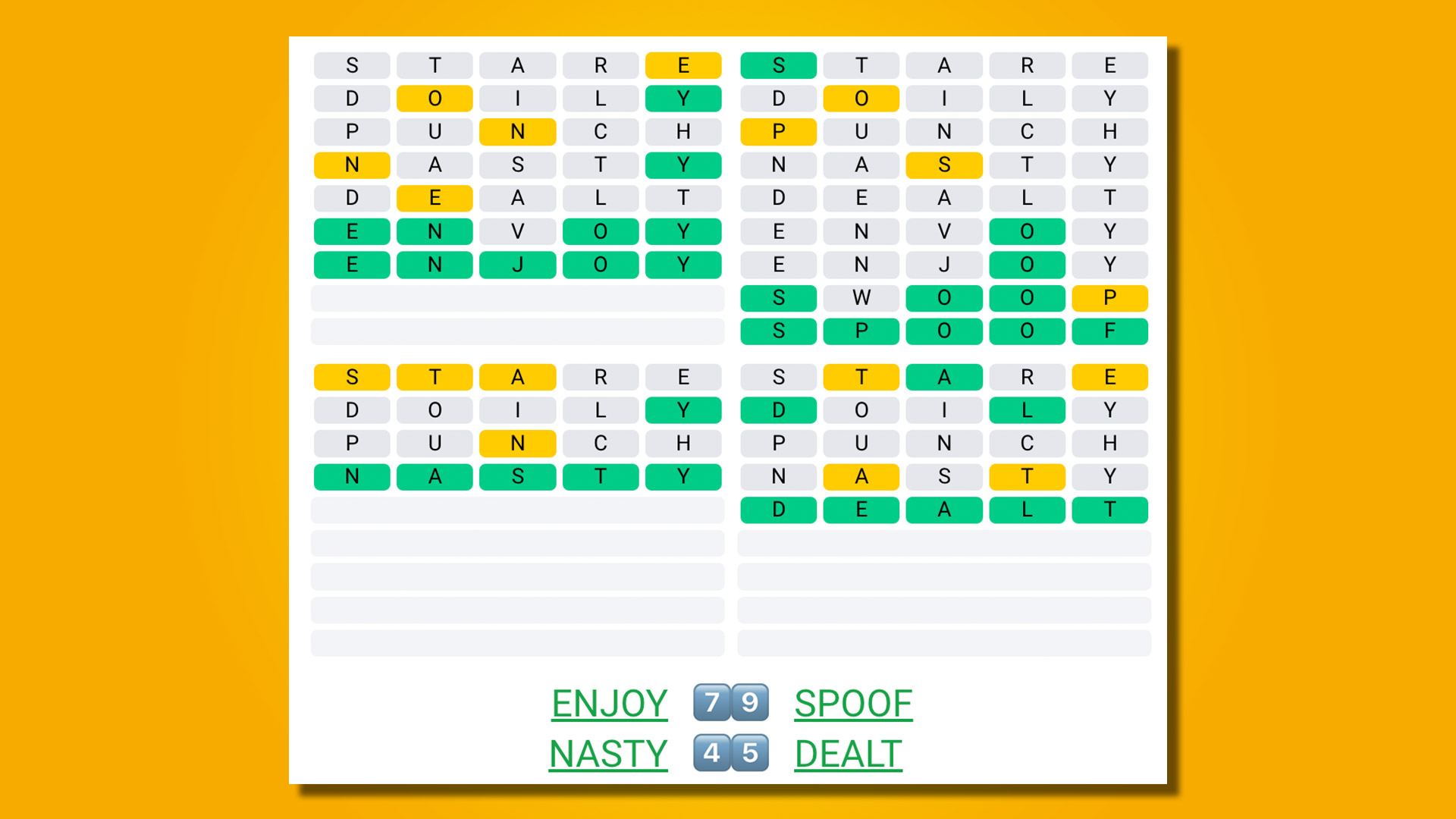 Quordle 410 answers on a yellow background