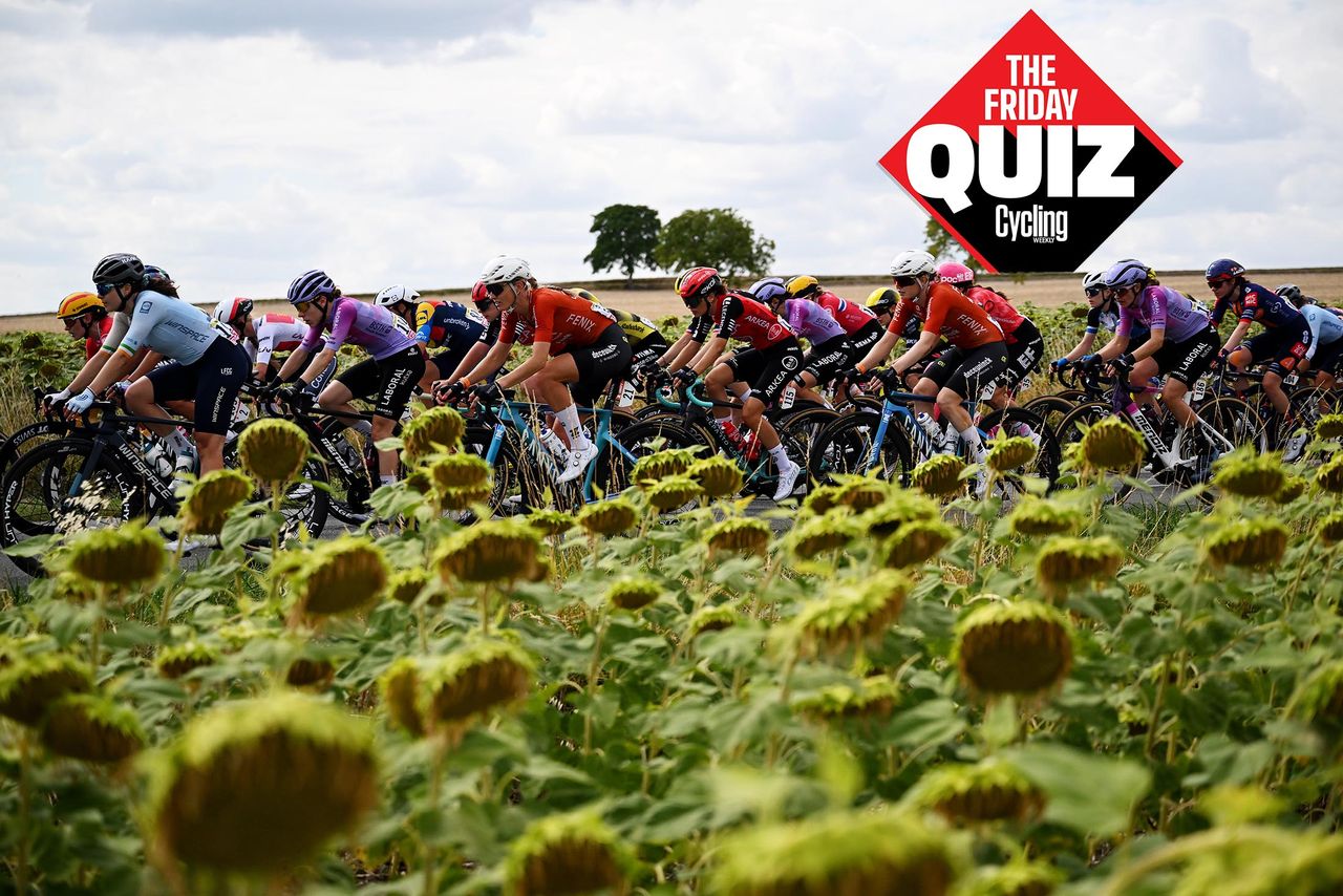 Women's peloton riding past a field of sunflowers