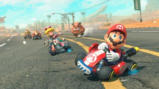Mario Kart World screenshot showing Mario and Peach mid-race 