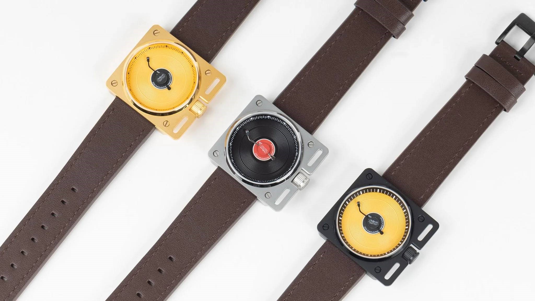 The three variants of the vinyl turntable watch