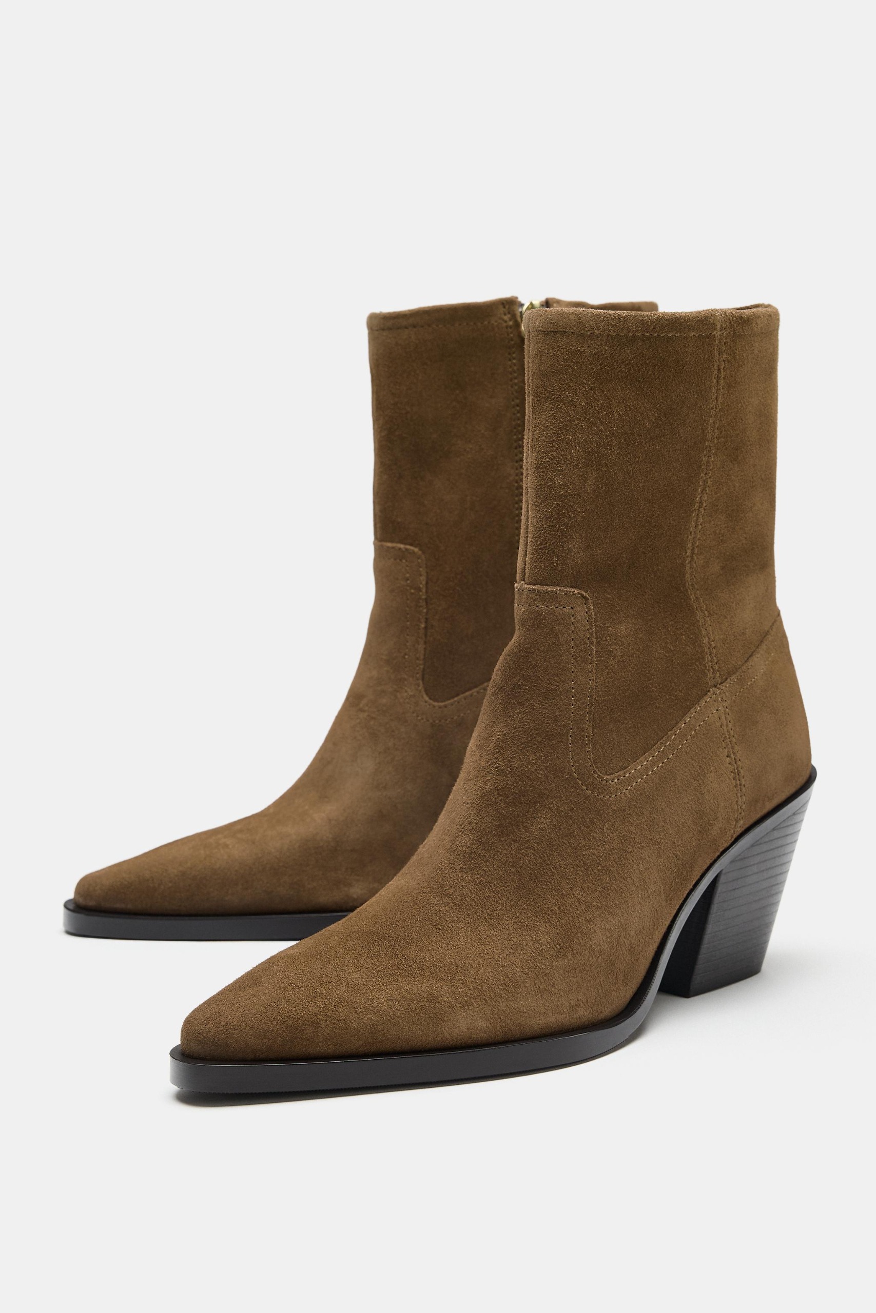 Suede Cowboy Heeled Ankle Boots - Taupe Gray - 5