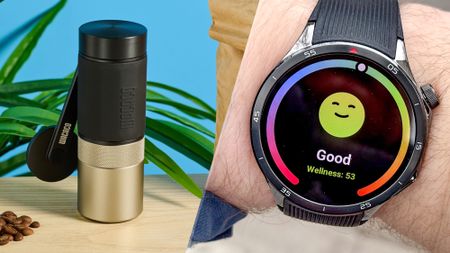 A split screen photo showing a coffee grinder on one side and a smart watch on the other